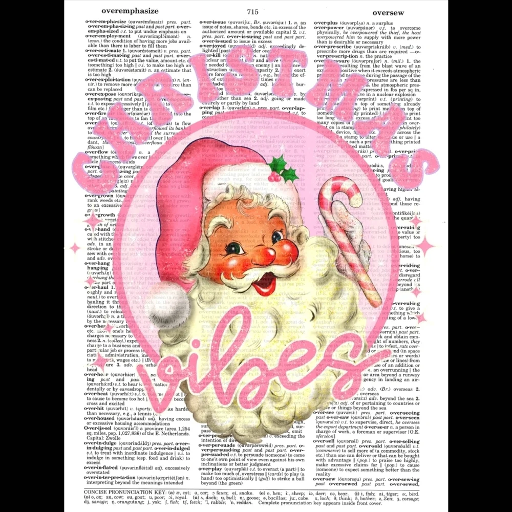 Pink Santa Vibes Retro Christmas Vintage Dictionary Art Pri…